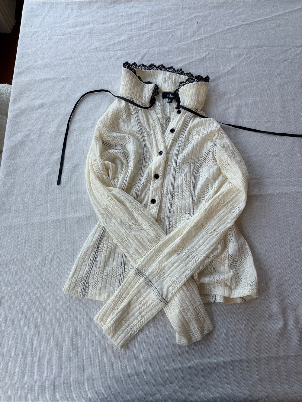 Lulu's Cream Lace-Trim Top with Black Ribbon Detail
